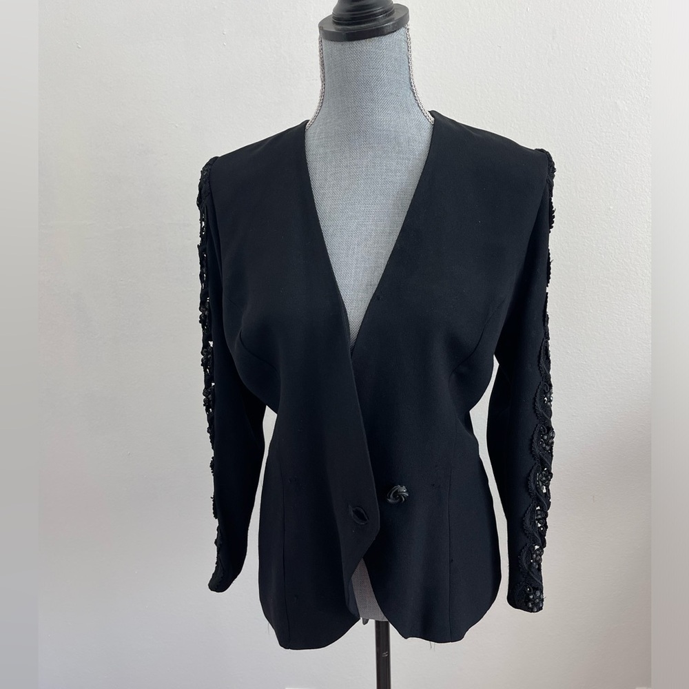 Vintage Jessica McClintock Black Beaded Sleeve Blazer Jacket Size 6